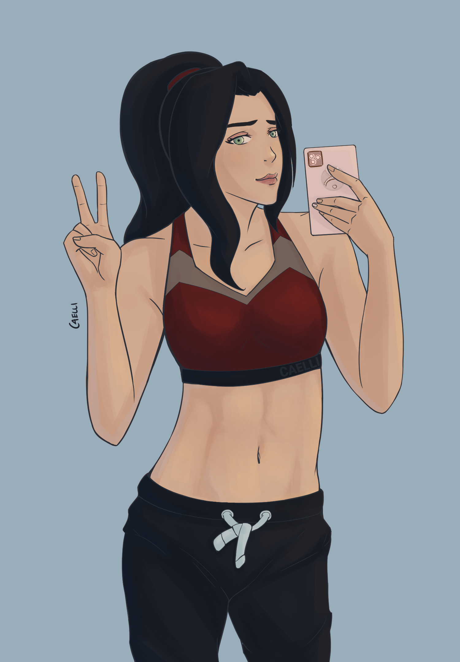 Asami's gym selfie wearing a sports bra and doing the peace sign.