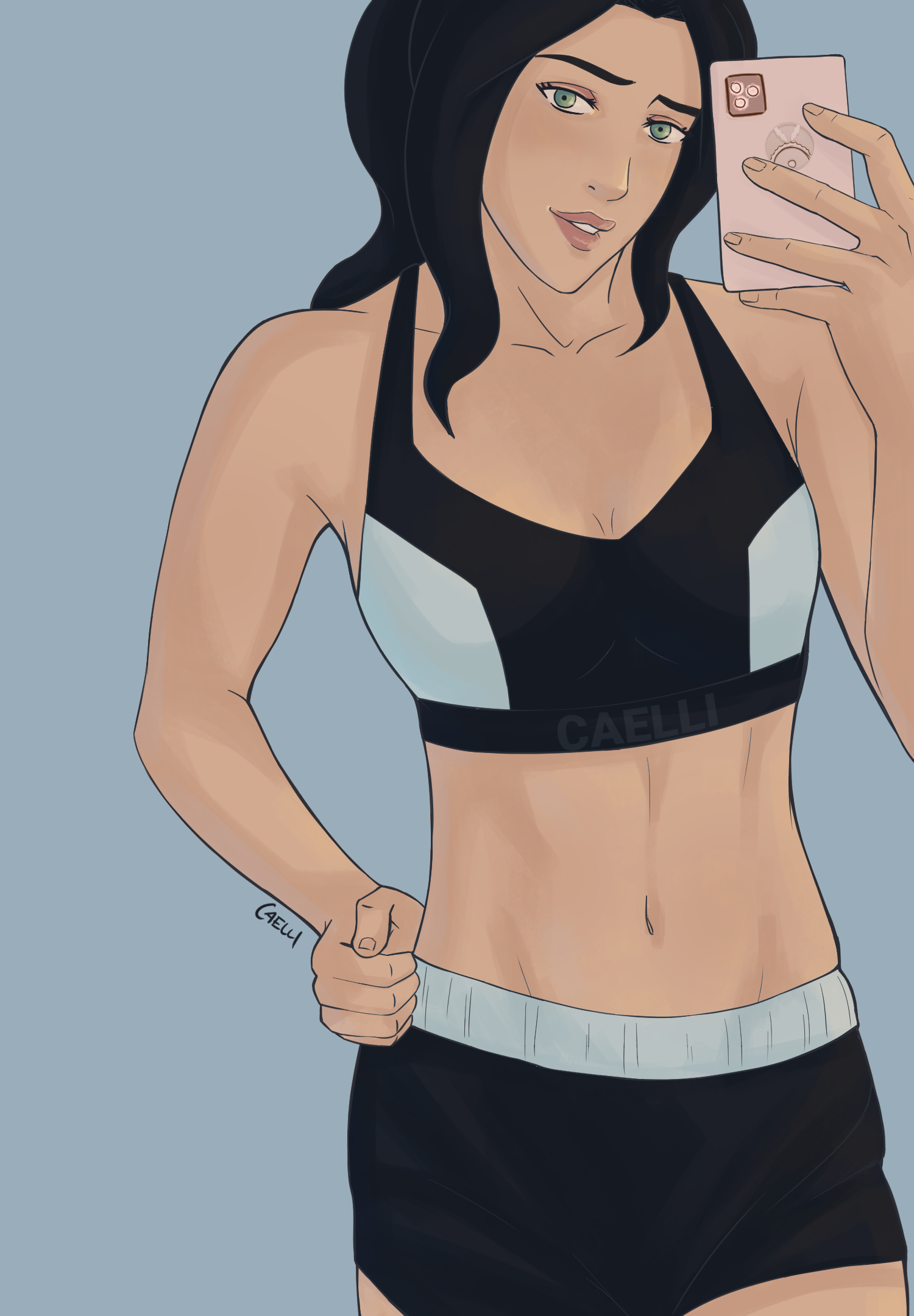 Asami's gym selfie showing off new sports bra and abs.