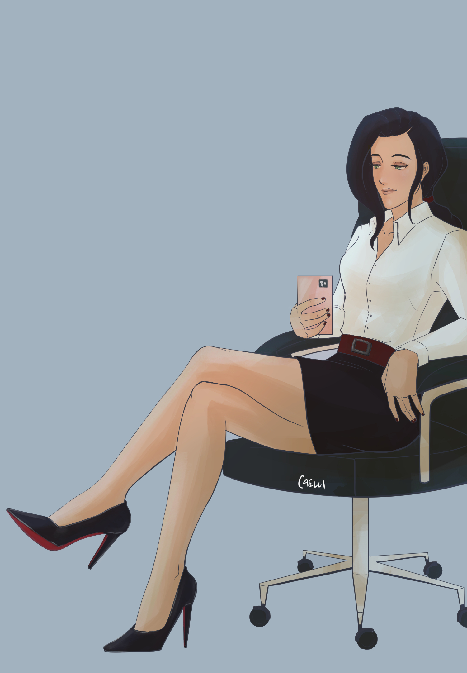 Asami sitting in her office chair showing off her legs and red bottom heels.