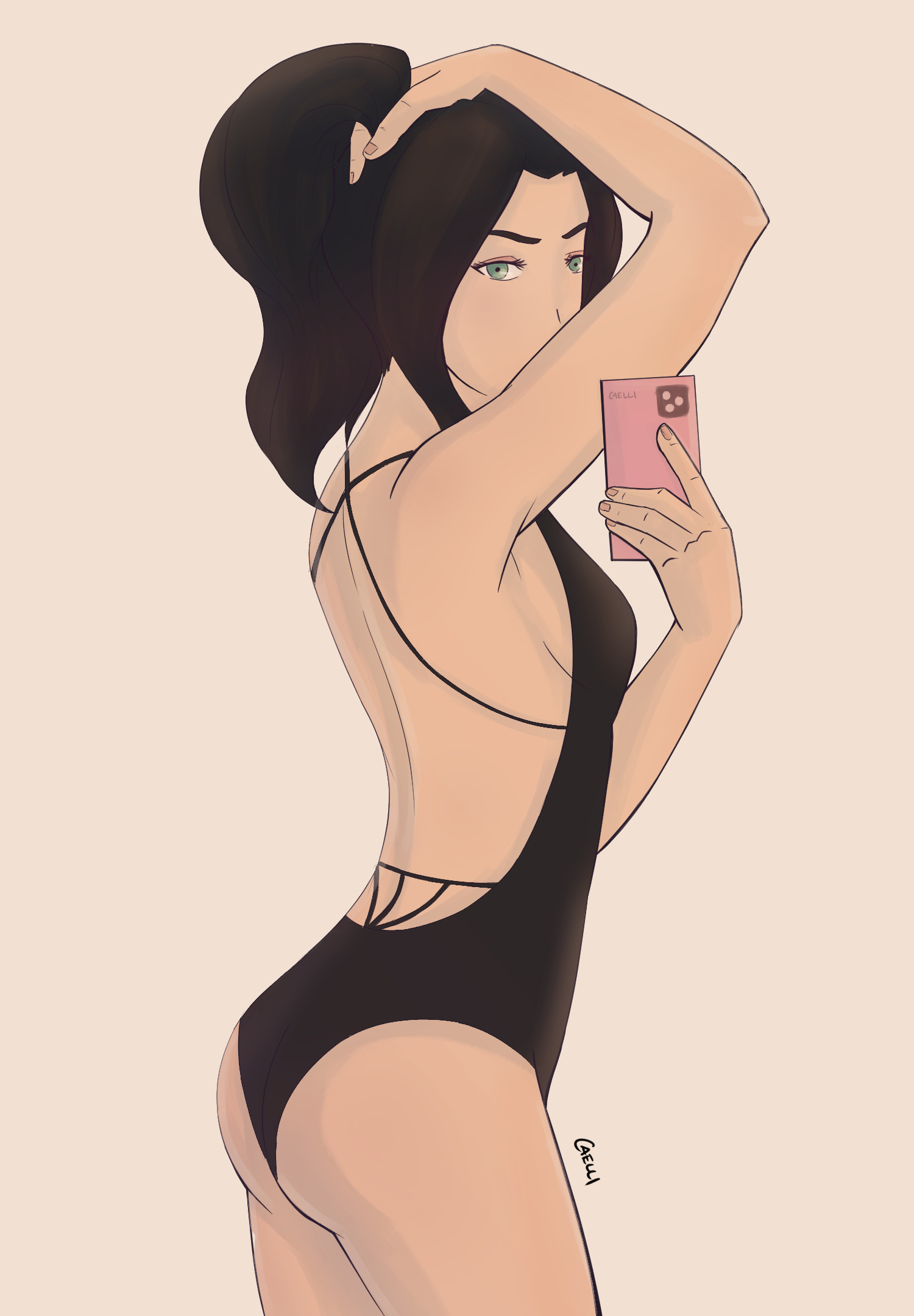 Asami showing off a low back swimsuit.