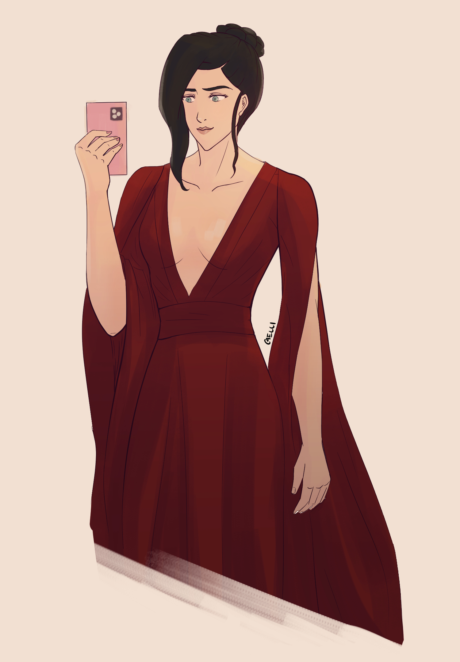 Asami showing off a low v formal dress for a gala.