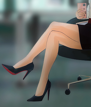 Photo of Asami's legs and red bottom heels.