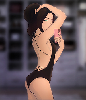 Photo of Asami in a low back swimsuit with intricate lines.