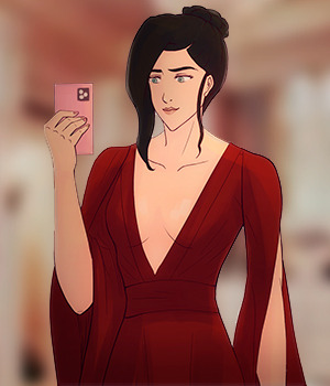 Photo of Asami's showing off a formal dress with a deep v line.